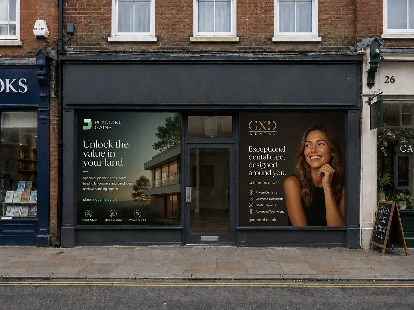 AI visualisation of a high street with LED screens installed across multiple retail units at dusk